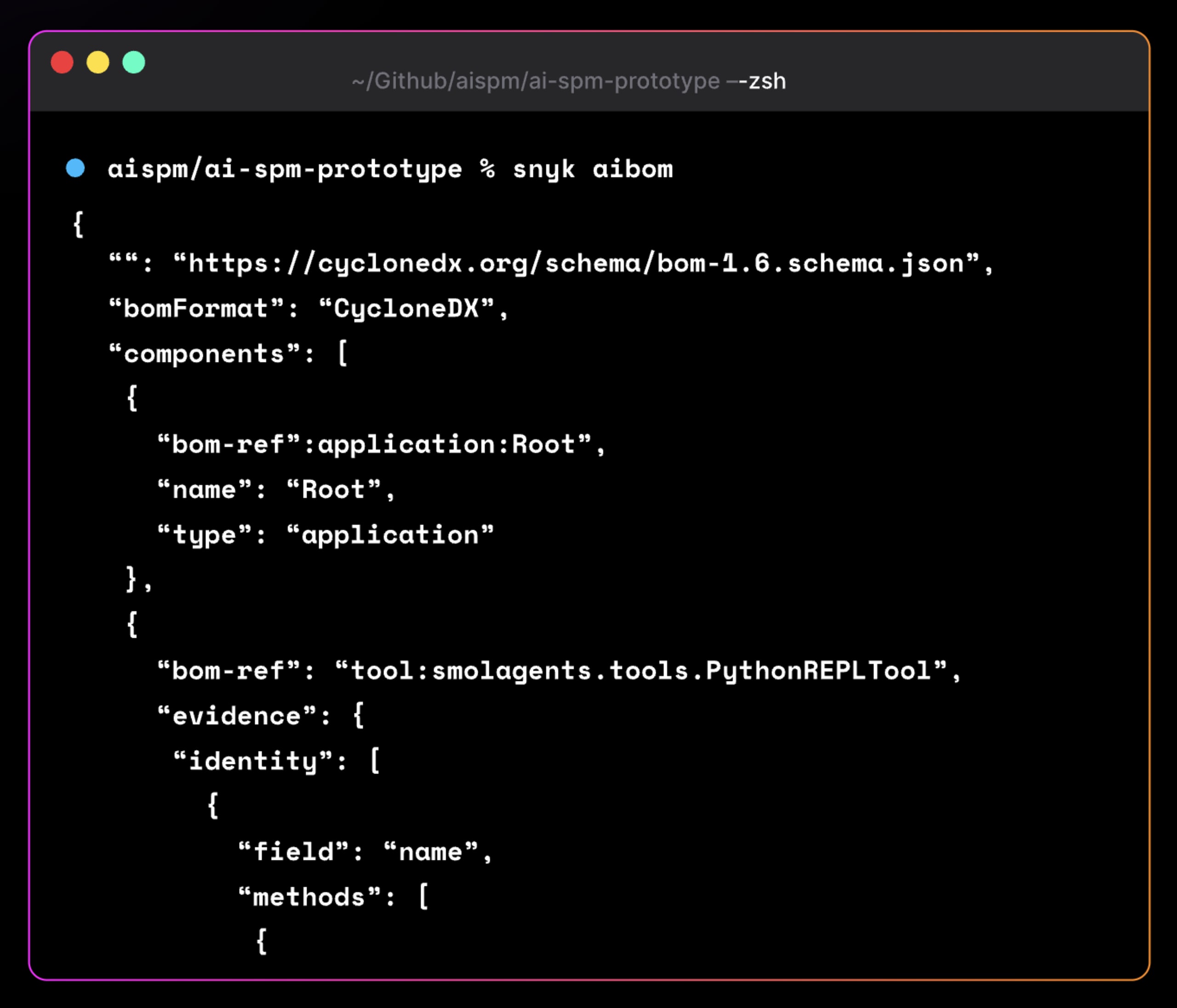 Terminal output of a 'snyk aibom' command showing CycloneDX 1.6 JSON. It lists components for an AI prototype, including an application root and a smolagents PythonREPLTool.