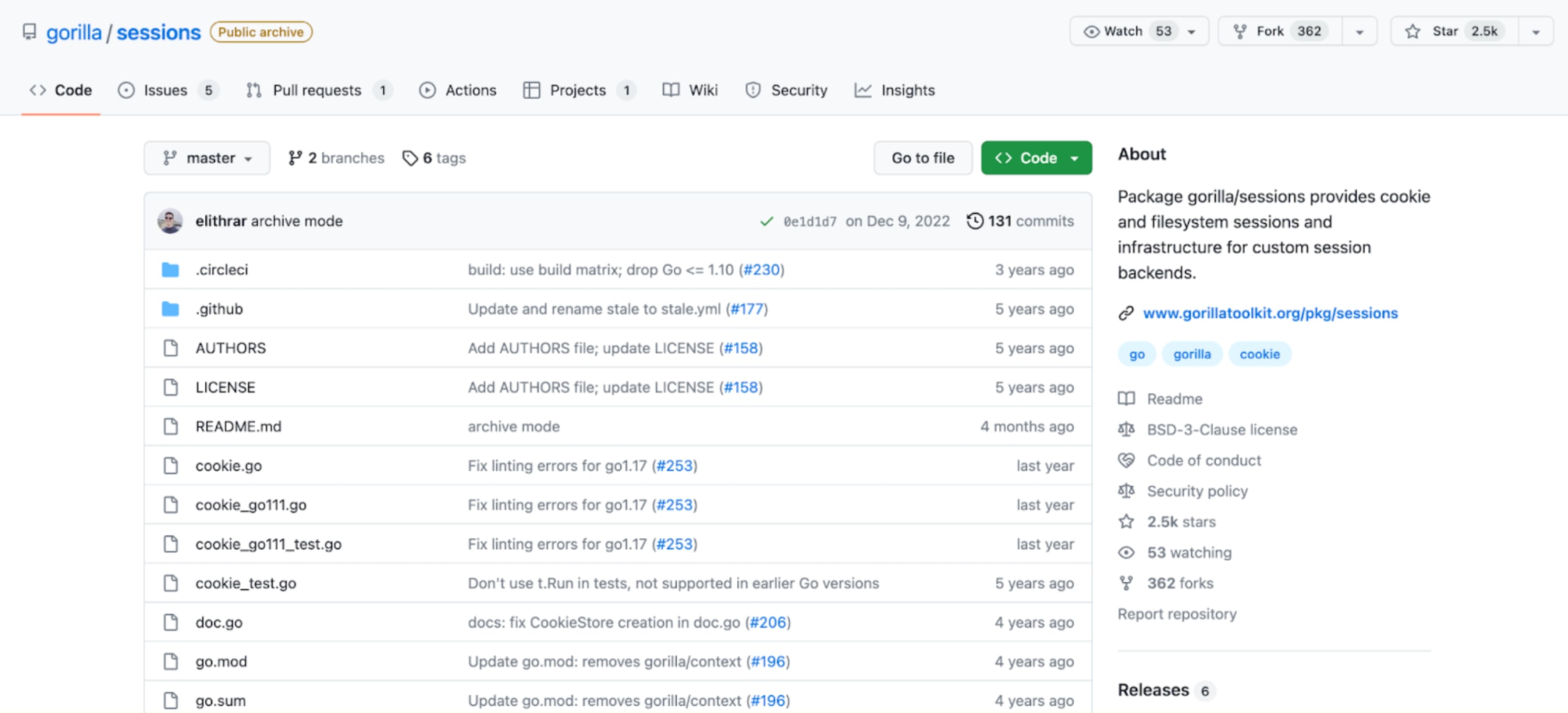 he Go package of `gorilla/sessions` code repository homepage on GitHub