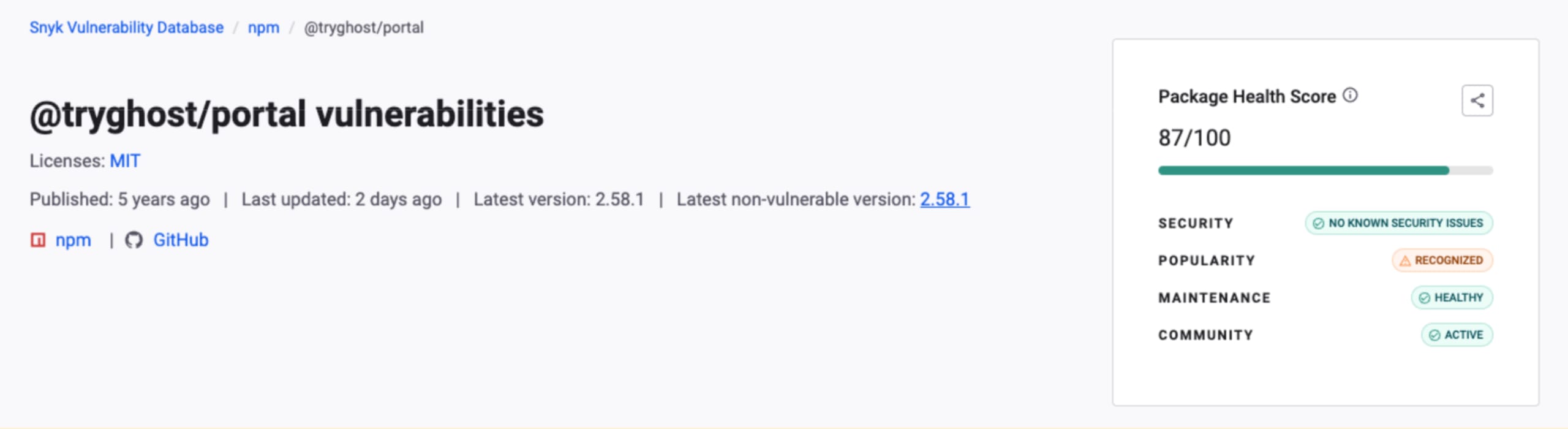 @tryghost/portal vulnerabilities and package health information