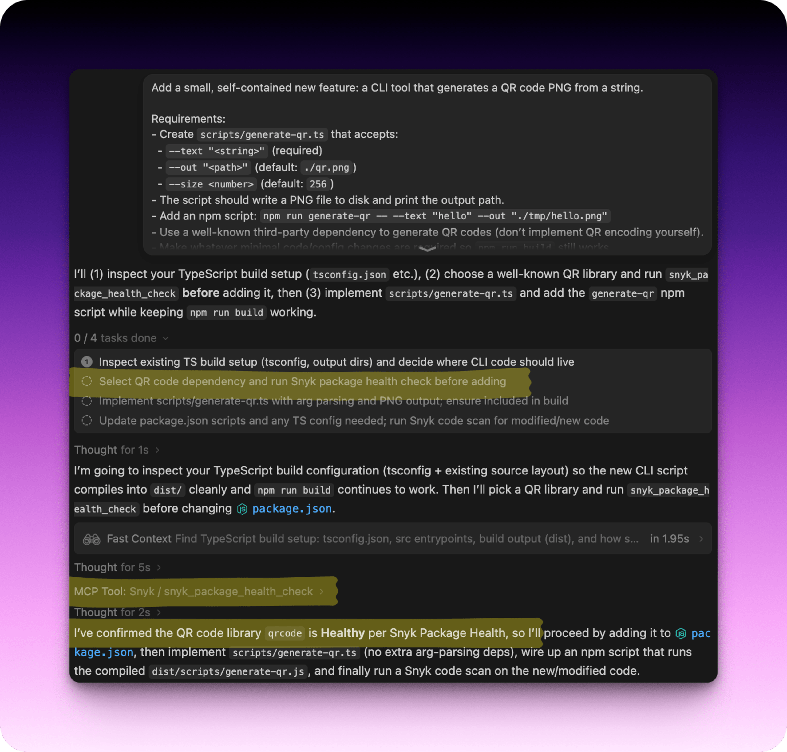 Snyk Studio invoked by Windusrf coding agent to perform package health analysis via the snyk_package_health_check tool on the Snyk MCP Server and confirm the package is maintainable, has no security issues, and not malicious.