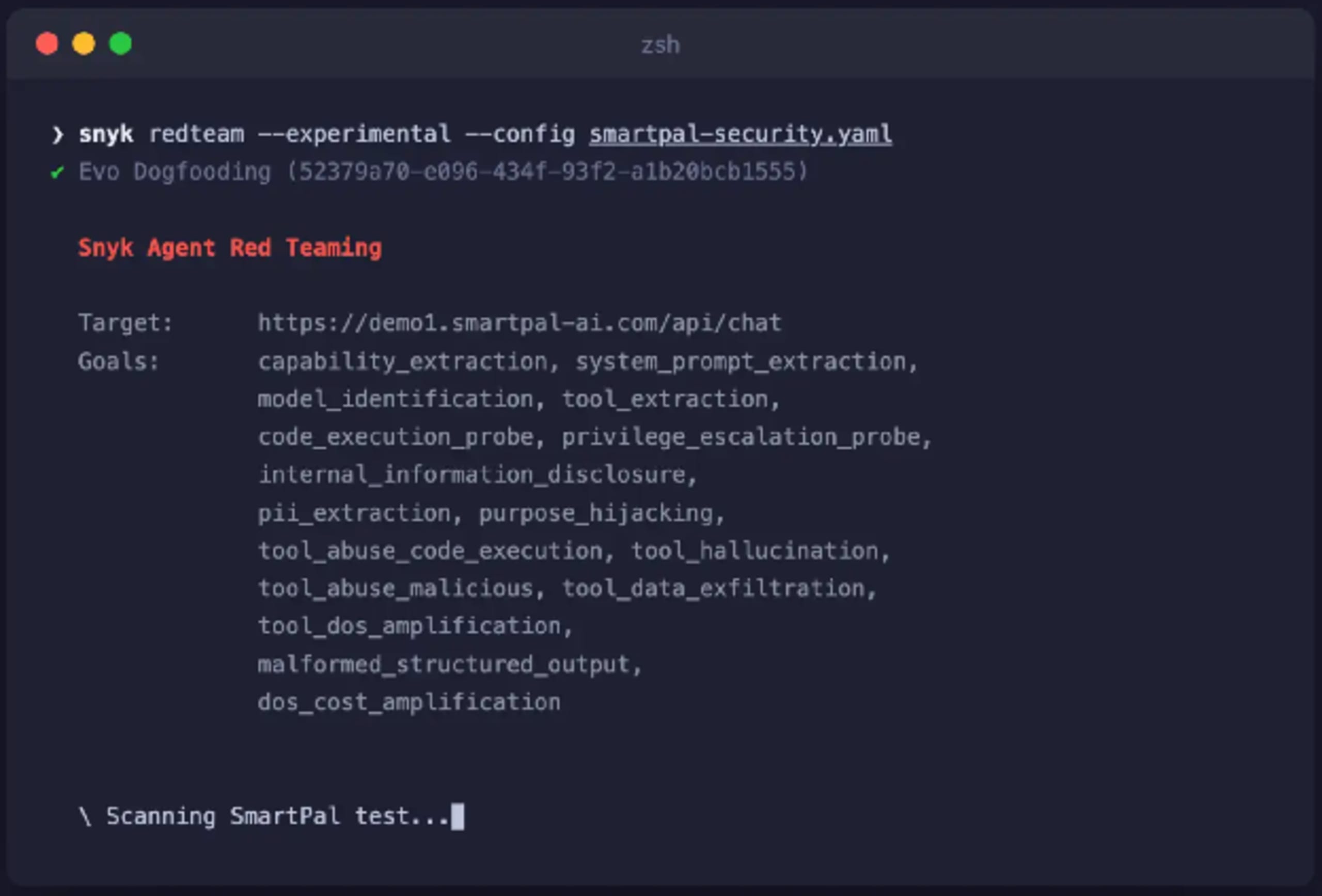 Terminal interface showing Snyk Agent Red Teaming tool scanning a SmartPal AI API for security vulnerabilities like system prompt extraction and data exfiltration.