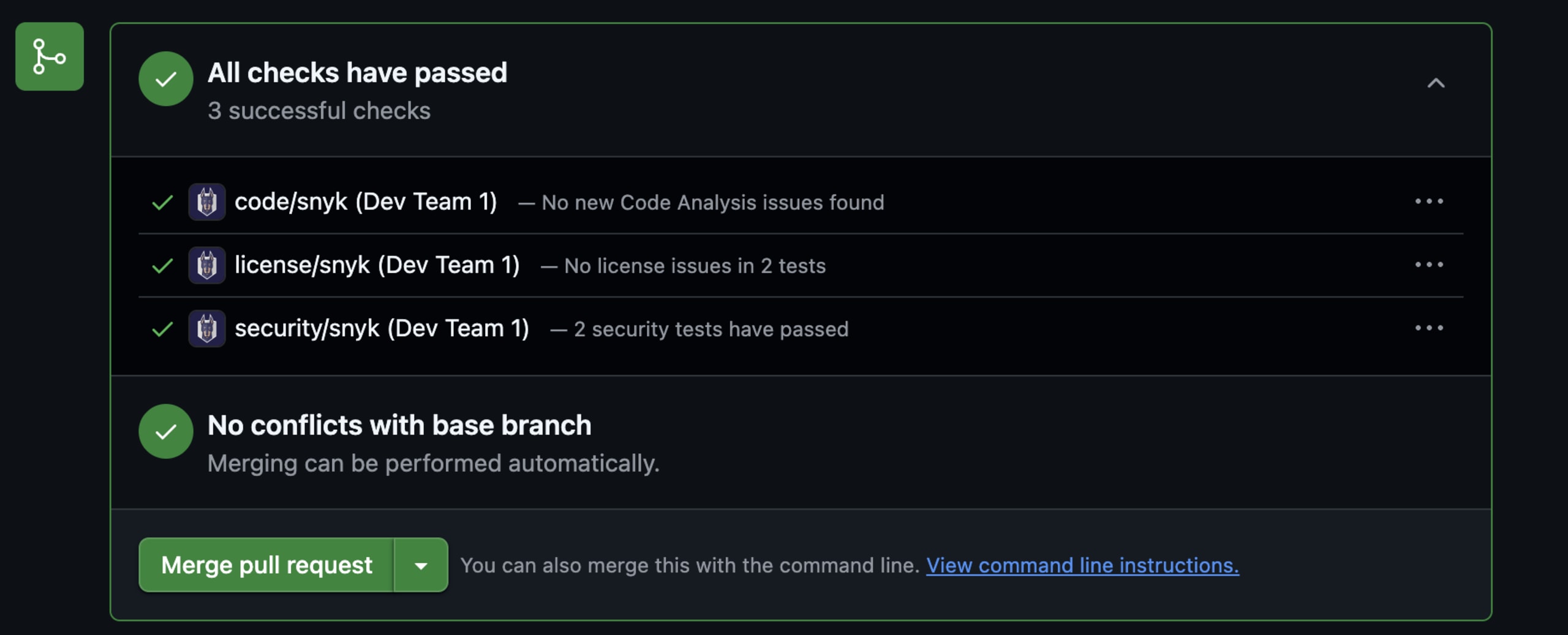 GitHub PR 인터페이스에 통합된 Snyk의 보안 및 라이선스 검사 결과 화면