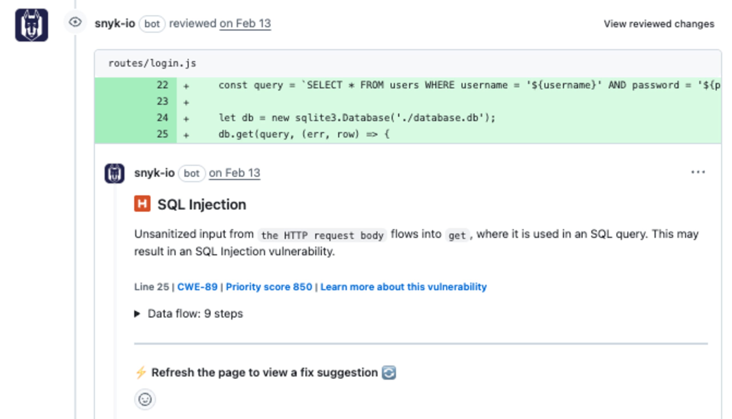 Snyk 봇이 코드 내 SQL Injection 취약점을 탐지하고 자연어로 설명하는 화면