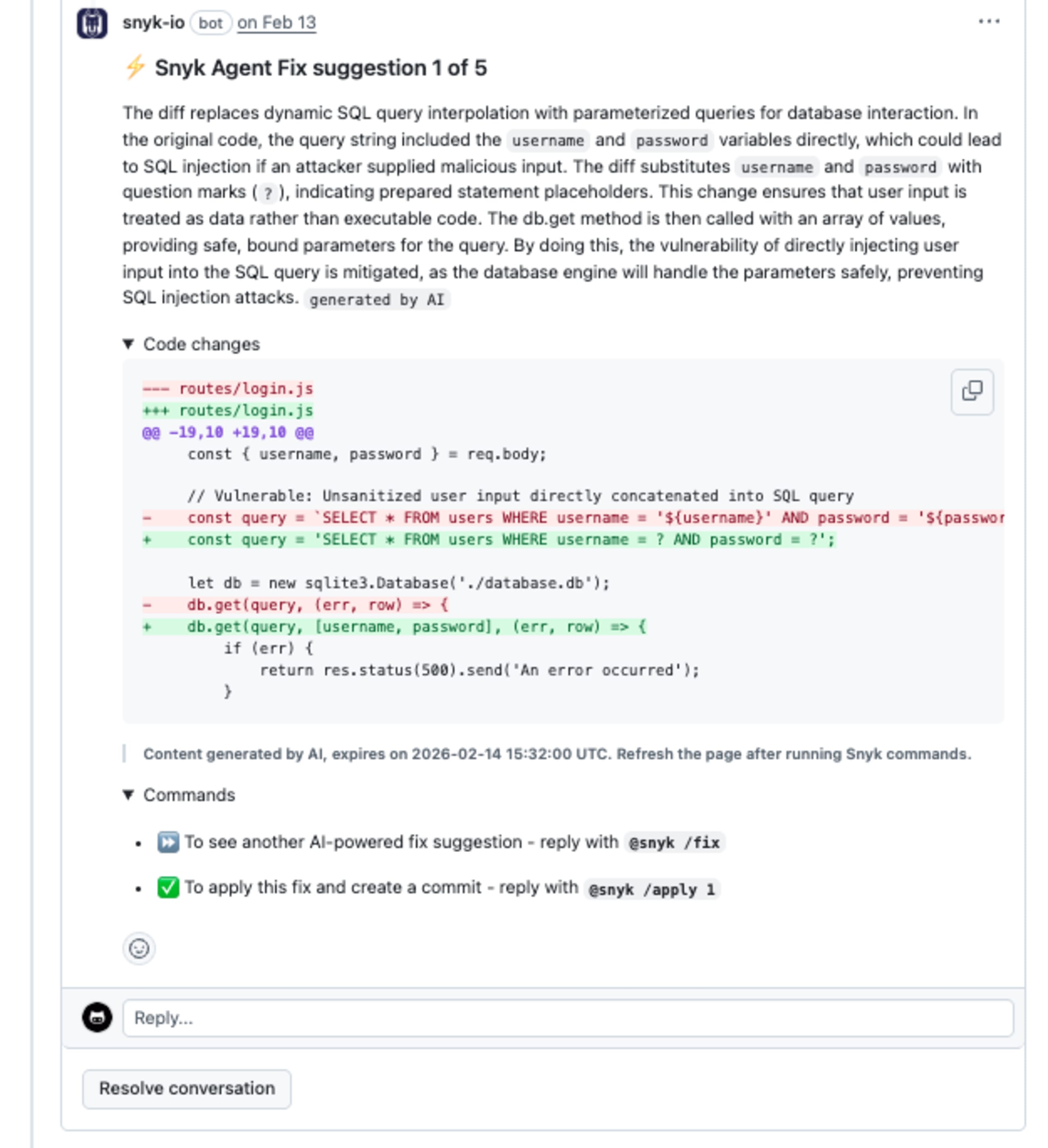 AI 에이전트가 제안한 SQL Injection 수정 코드 Diff와 상세 논리 설명 화면