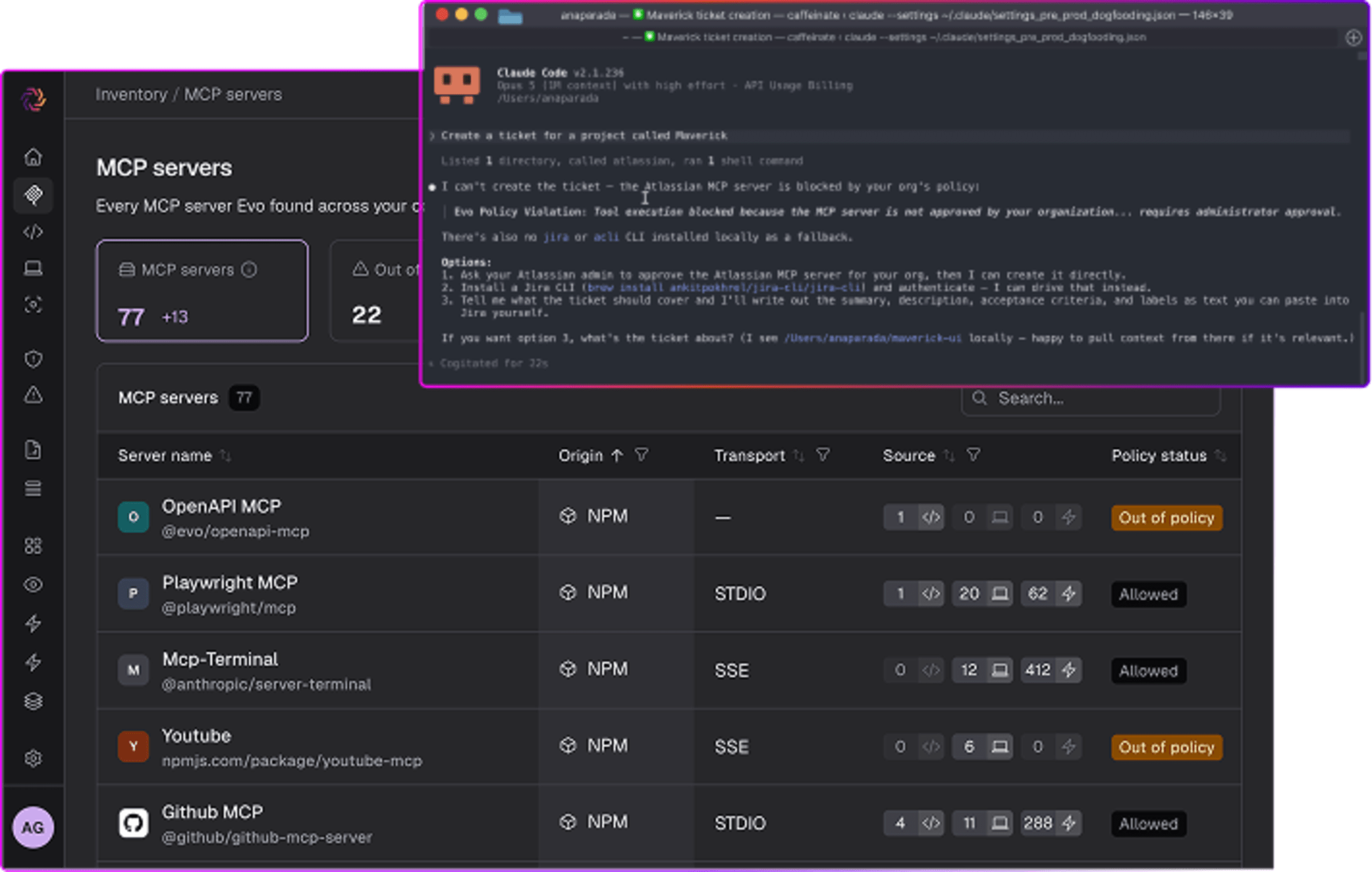 Painel escuro de monitoramento de agentes, com métricas de atividade e um menu de detecção para injeção de prompt, segredos, dados pessoais e comandos de shell