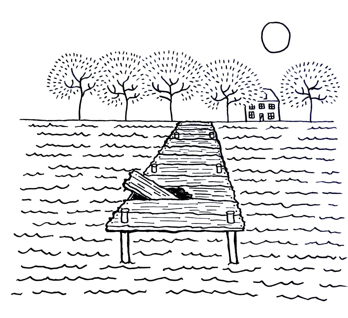 An illustration of a wooden dock with a broken board