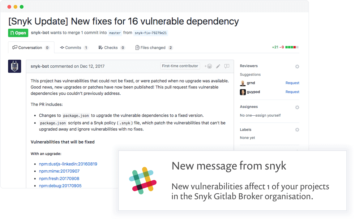 Snyk vulnerable dependency alert with slack