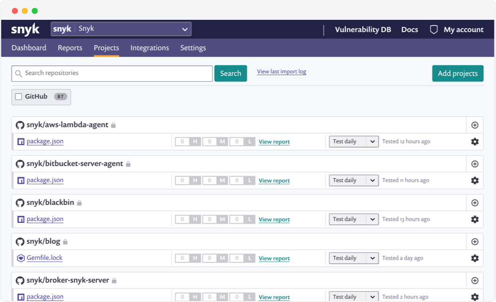 Snyk project page with github integration