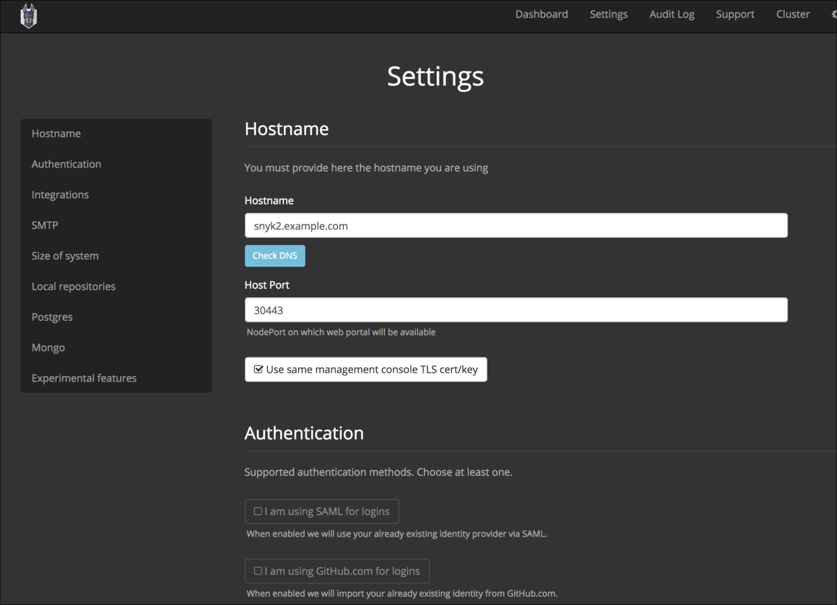 Snyk server management console