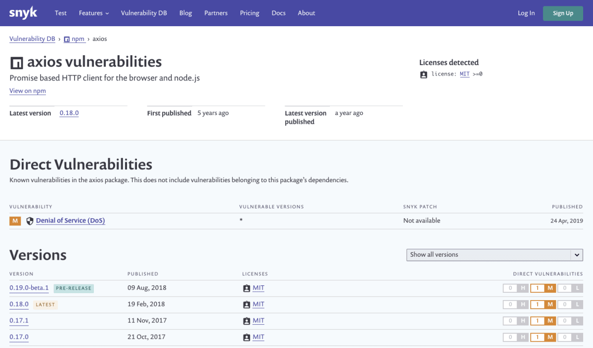npm axios module dependency health and security vulnerabilities