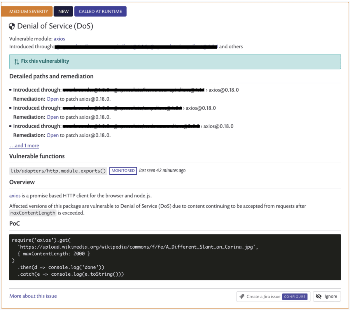runtime security monitoring found security vulnerabilities in npm package axios