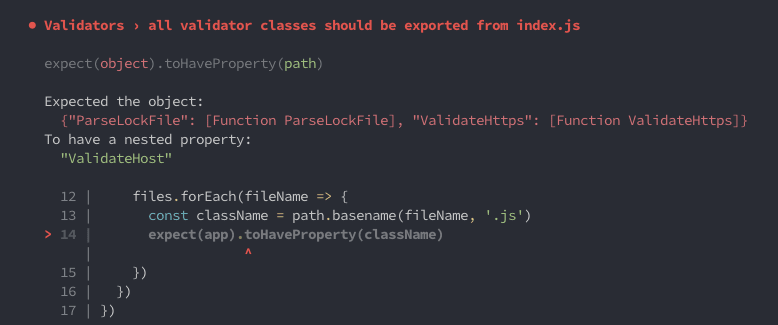 expected the object to have a nested property jest testing failures