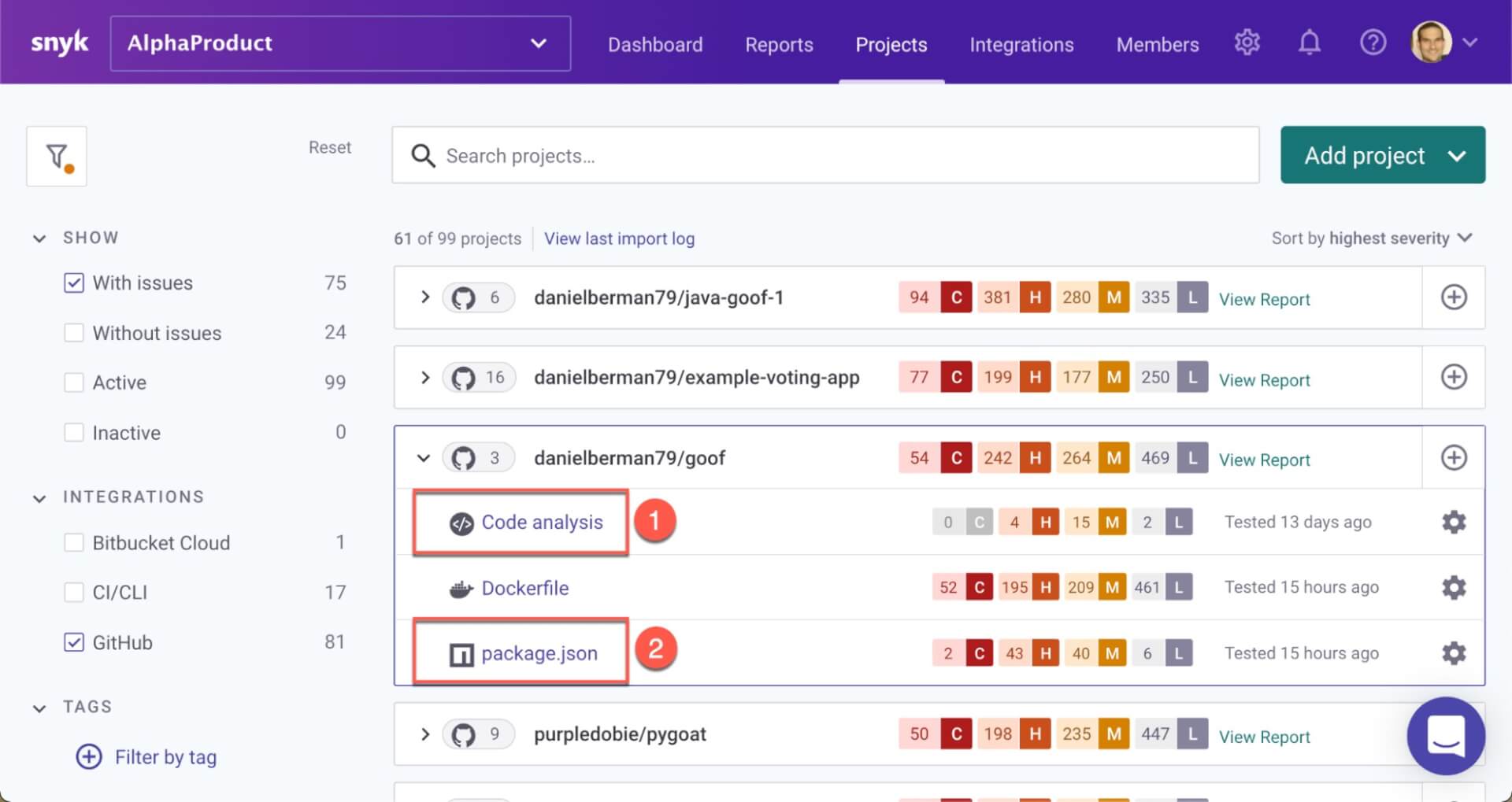 Snyk code review UI