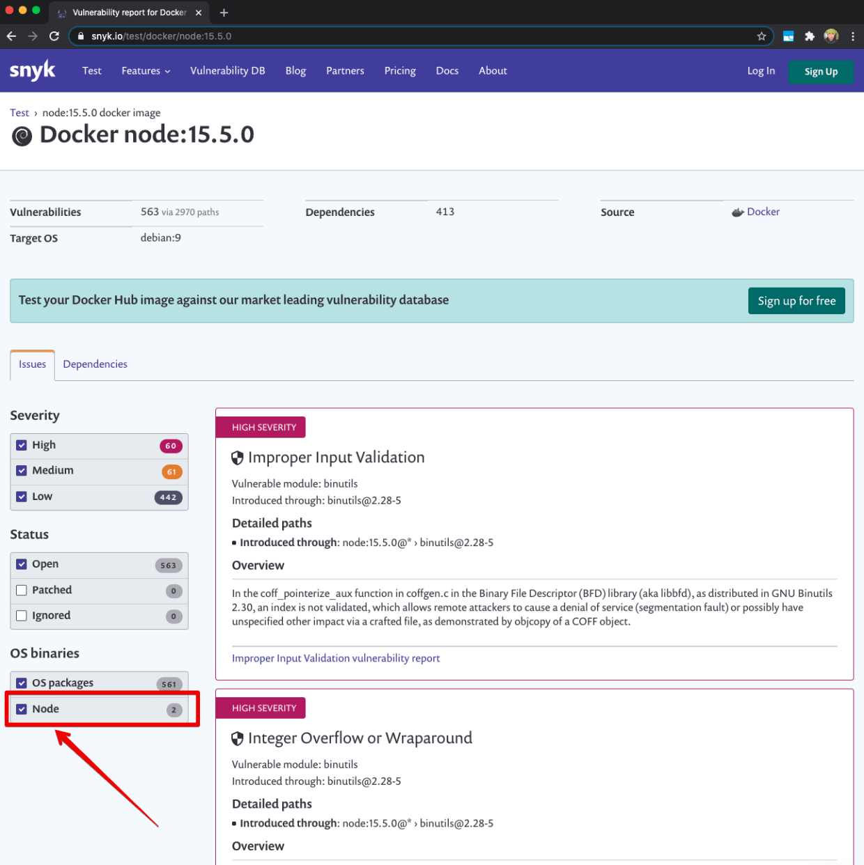Docker security scan results for Node.js version 15 base image