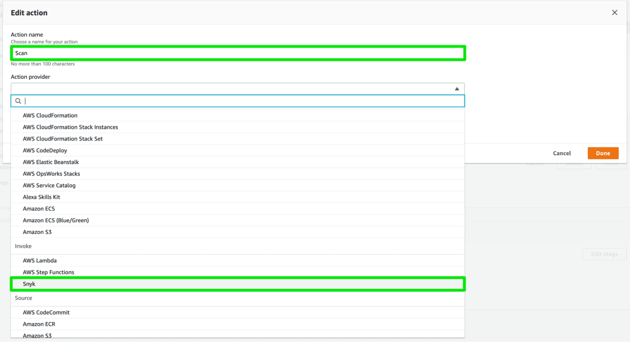 Snyk is now available in the Action Provider pulldown list of AWS CodePipeline.