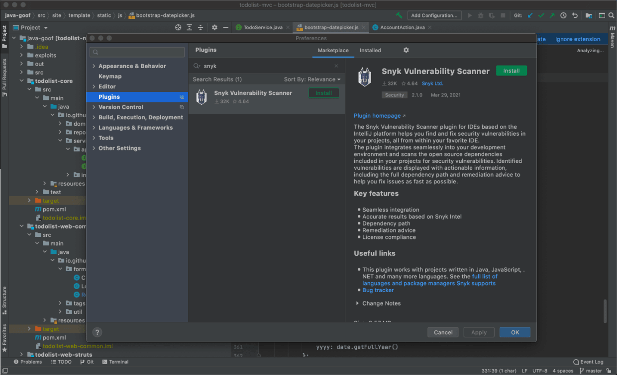 Install the Snyk JetBrains plugin directly from within your IDE or from the JetBrains marketplace
