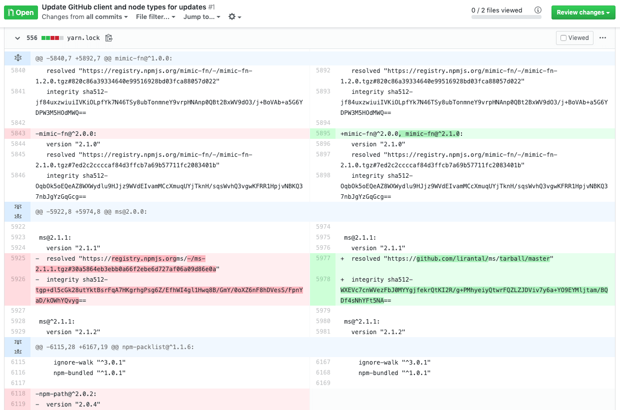 yarn lockfile shows injection of malicious npm module