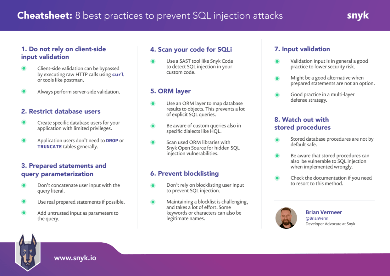 SQL injection prevention cheat sheet one pager.