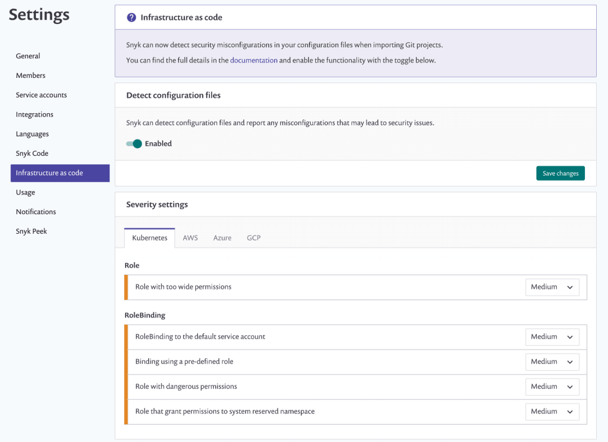 Snyk Infrastructure as Code settings showing new checks for Kubernetes RBAC