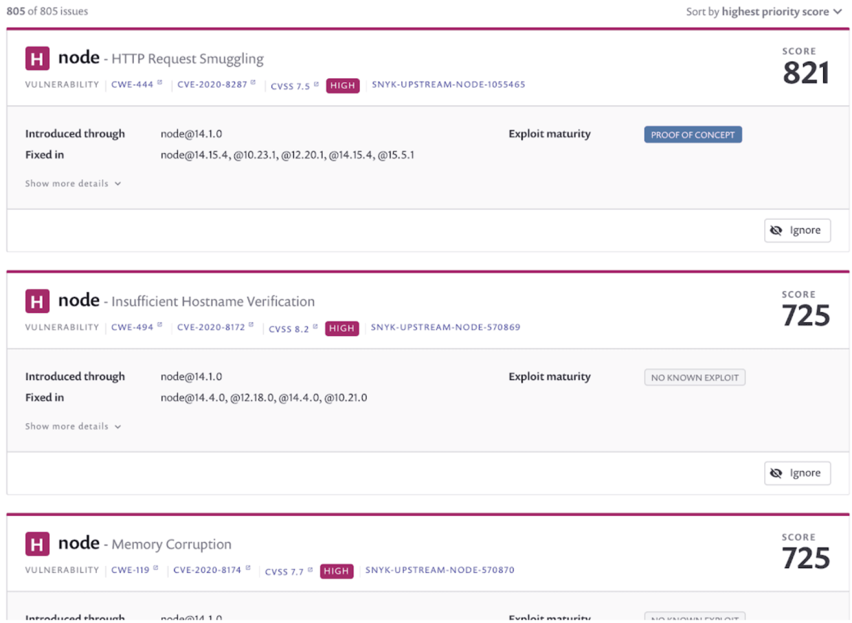image vulnerabilities Screenshot showing some image vulnerability descriptions and priority.