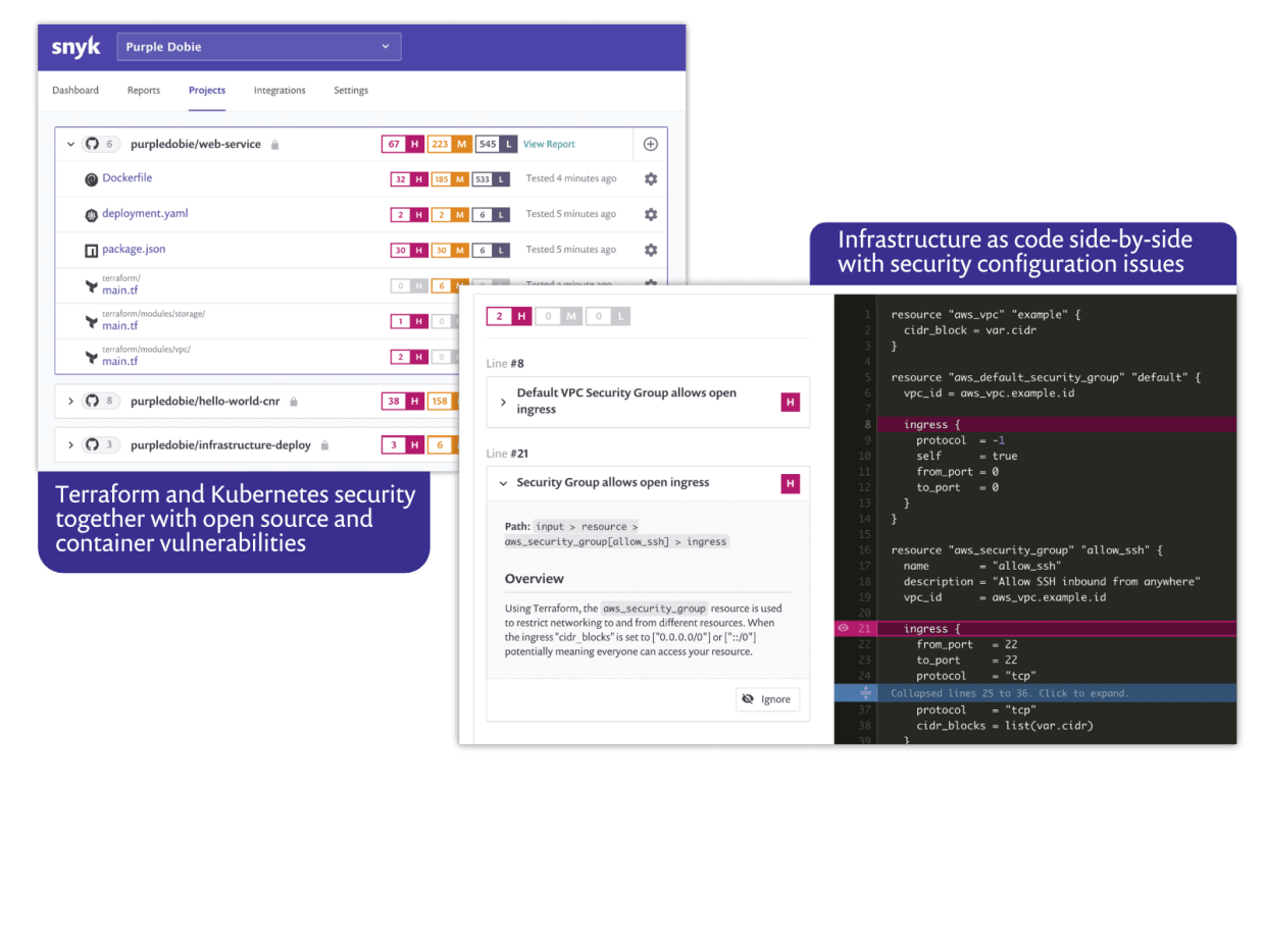 Snyk Infrastructure as Code security user interface