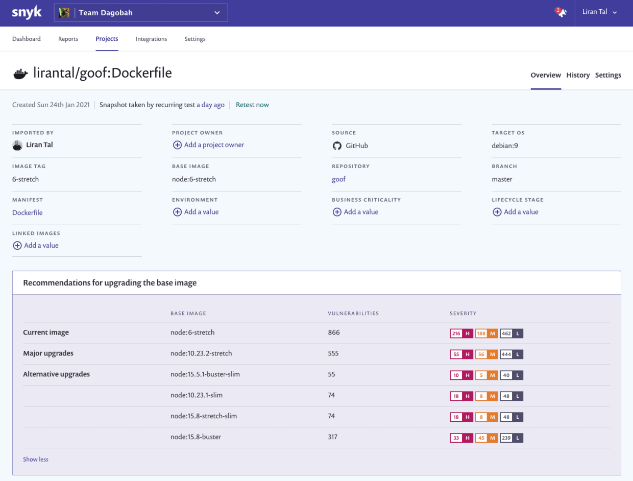 Recommendations of alternate docker base images for vulnerabilities that appear in the container image