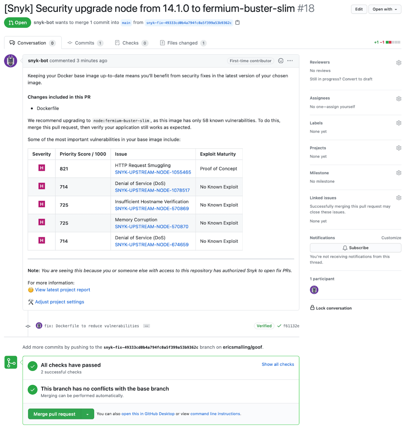 Dockerfile change Pull Request Screenshot of GitHub pull request as created by automation.