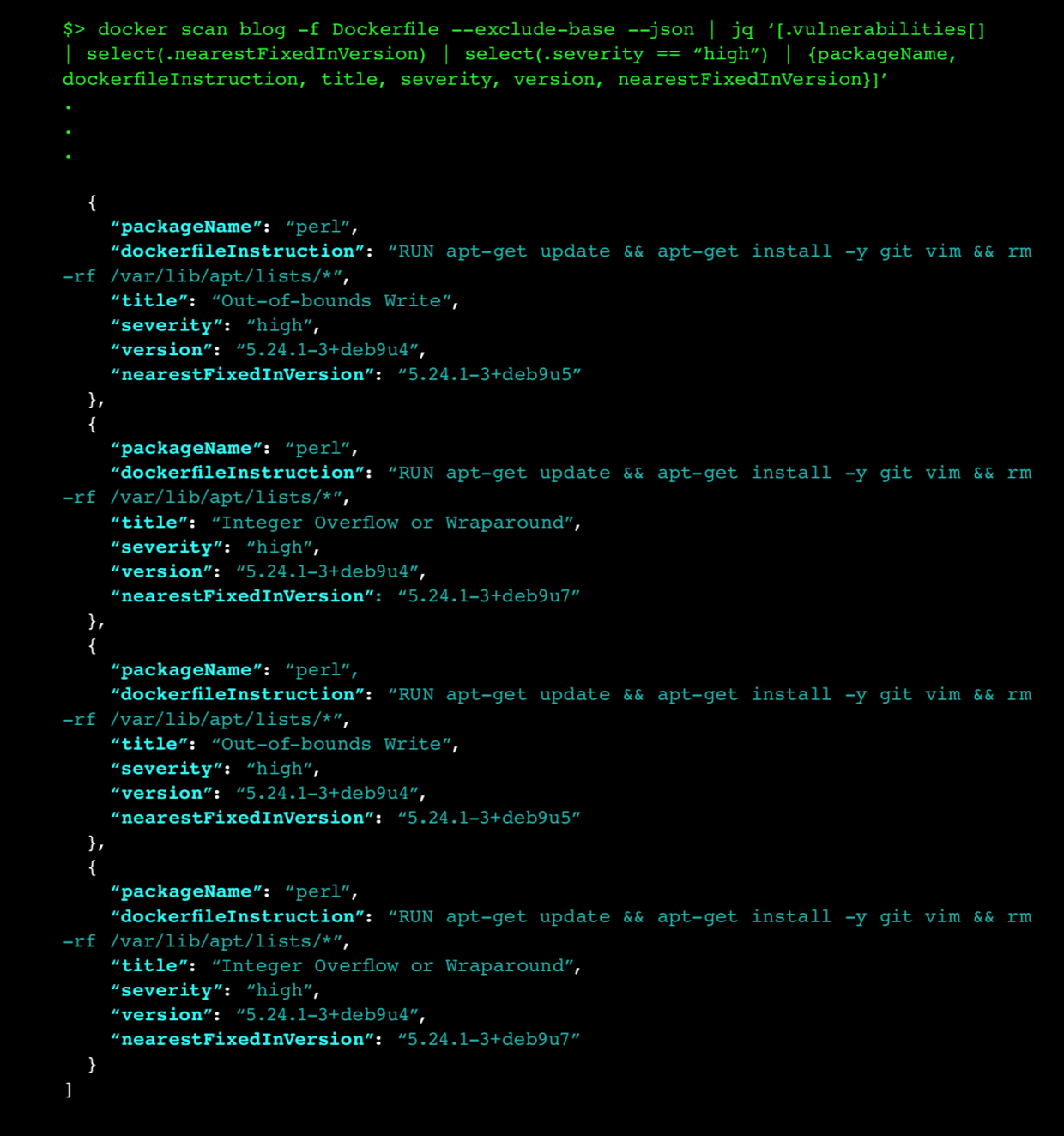 code example of fixable, high-severity container security vulnerabilities