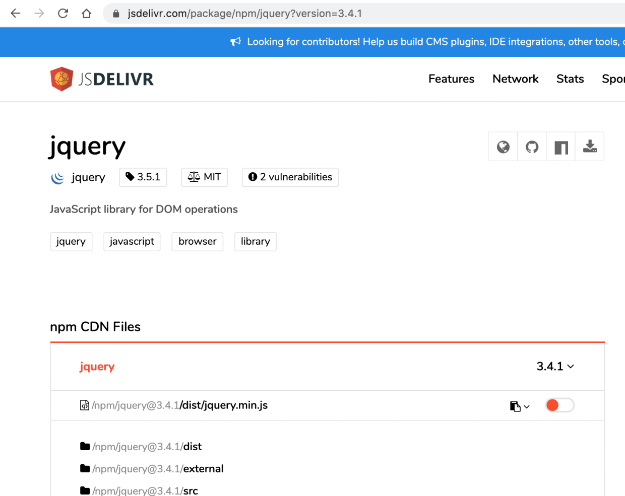 Showing security vulnerabilities in JSDelivr powered by Snyk