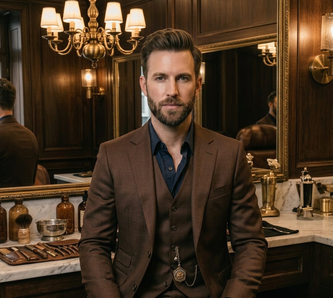 A professionally dressed man wearing a tailored dark suit in a refined interior