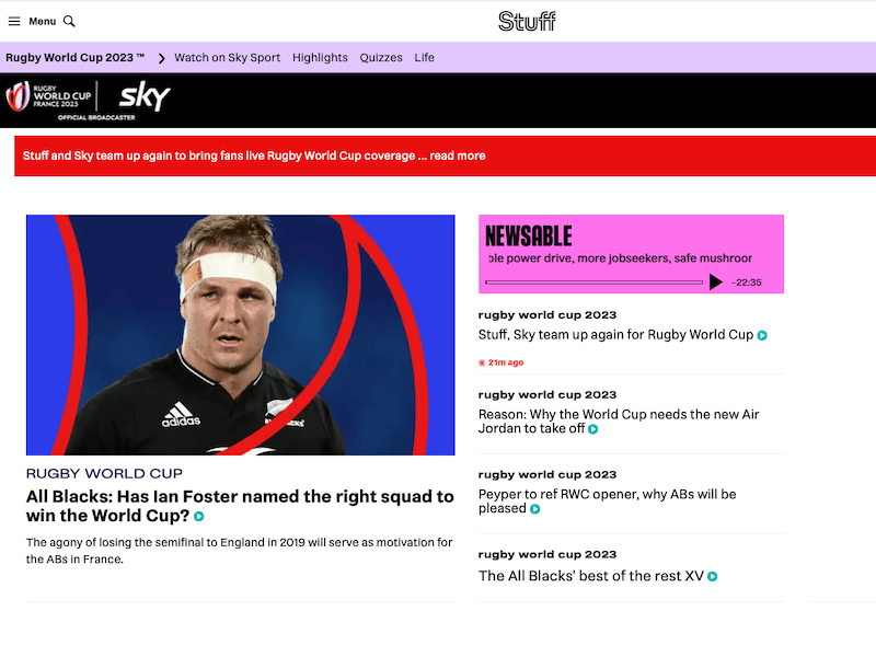 Sky and Stuff team up to bring fans closer to Rugby Word Cup action Sky and Stuff team up to bring fans closer to Rugby Word Cup action