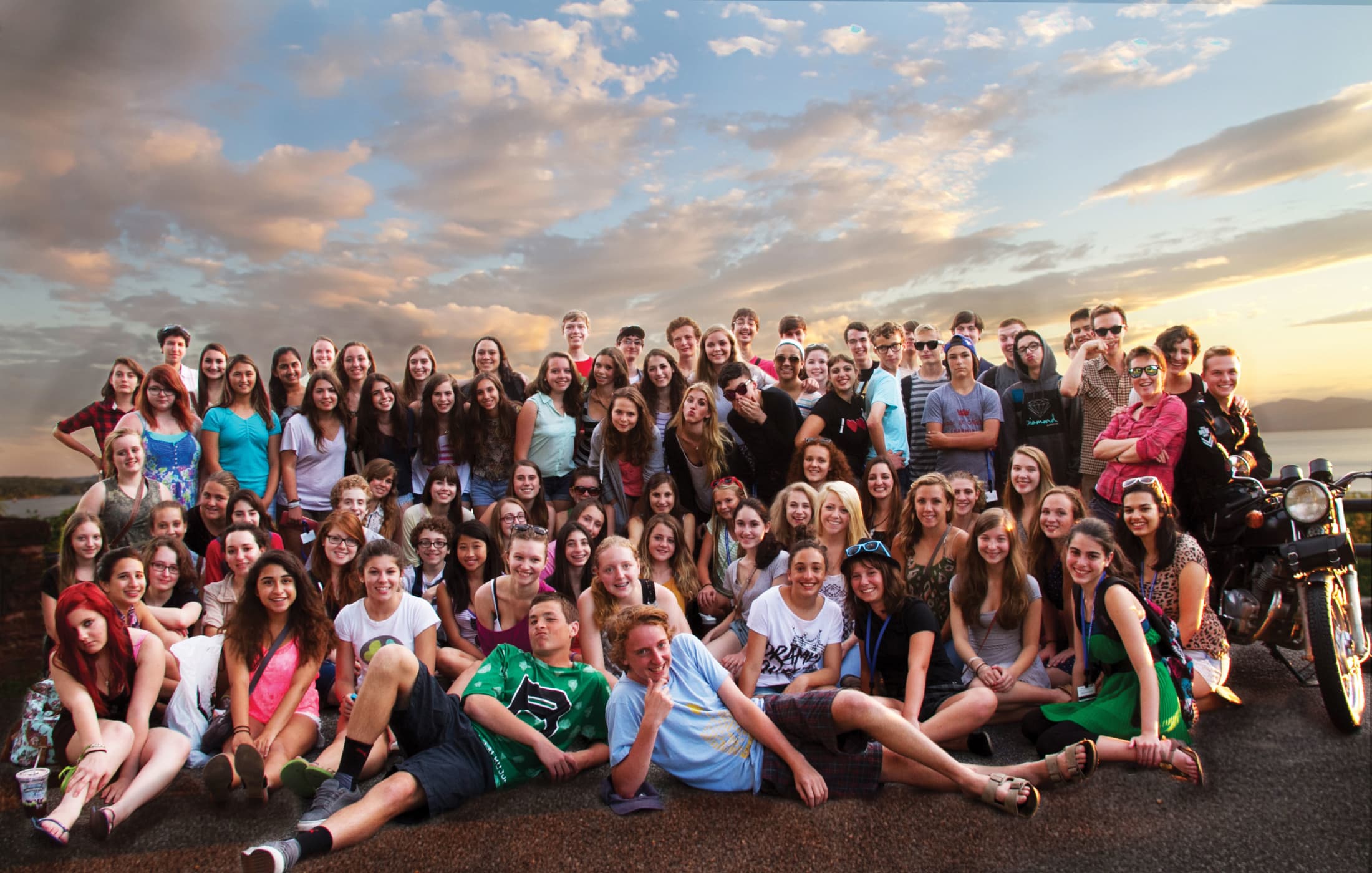 Vermont summer camp group photo in front of Lake Champlain