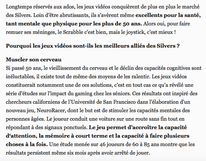 Les silvers, accros aux jeux vidéos ? Extrait article sur les jeux vidéos et les seniors