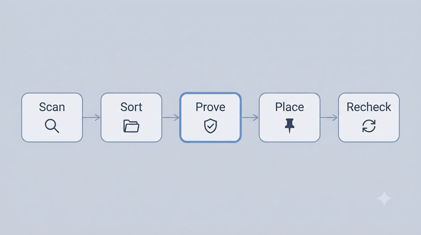 Evidence Gate Method: Scan, Sort, Prove, Place, and Recheck