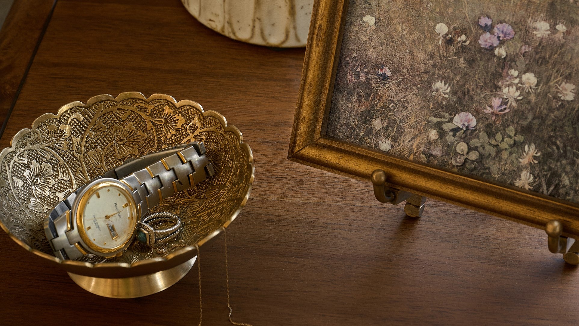 Vintage Etched Brass Vases with Ruffled Edges and Colorful Accents