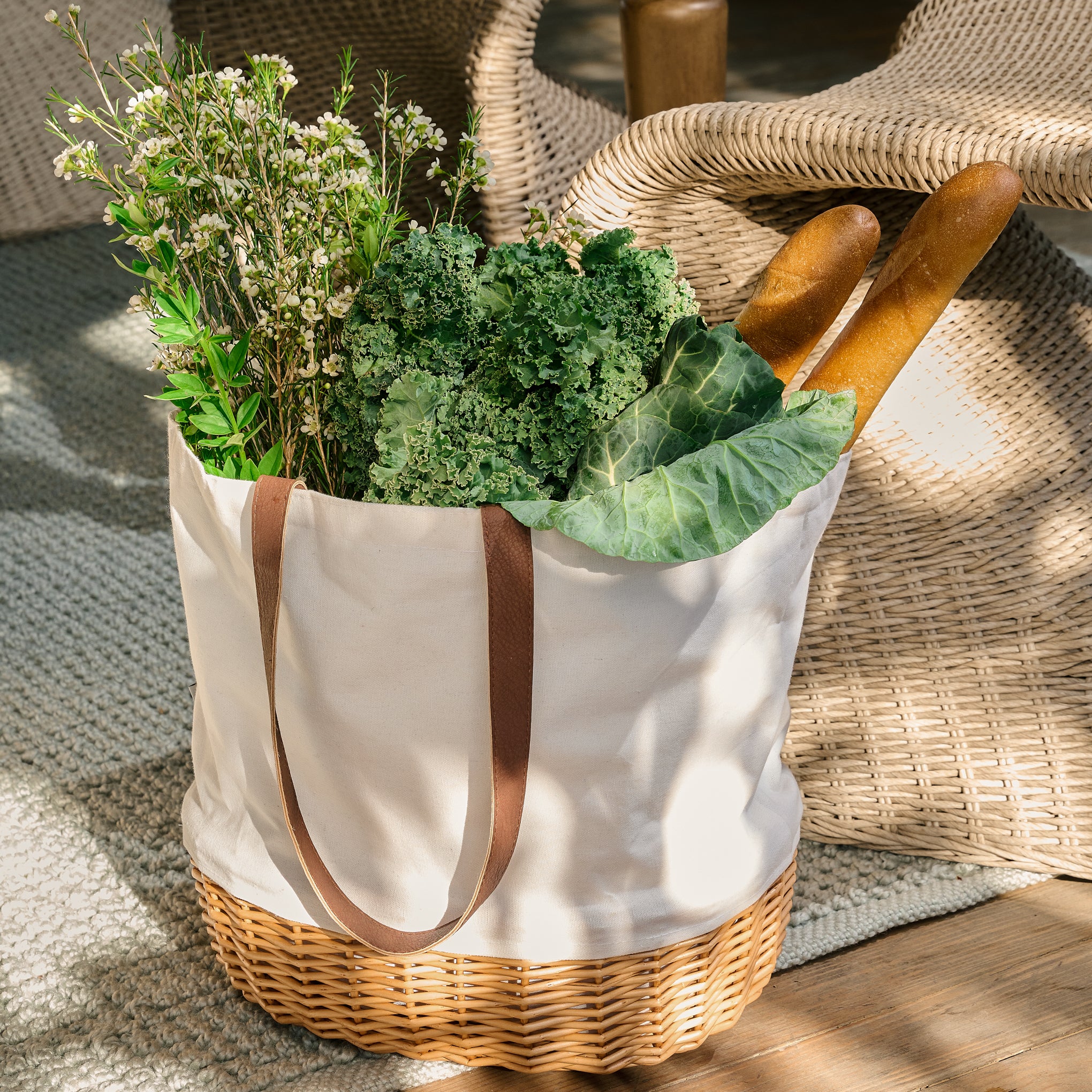 Coronado Willow + Canvas Basket Tote with kale and bread inside