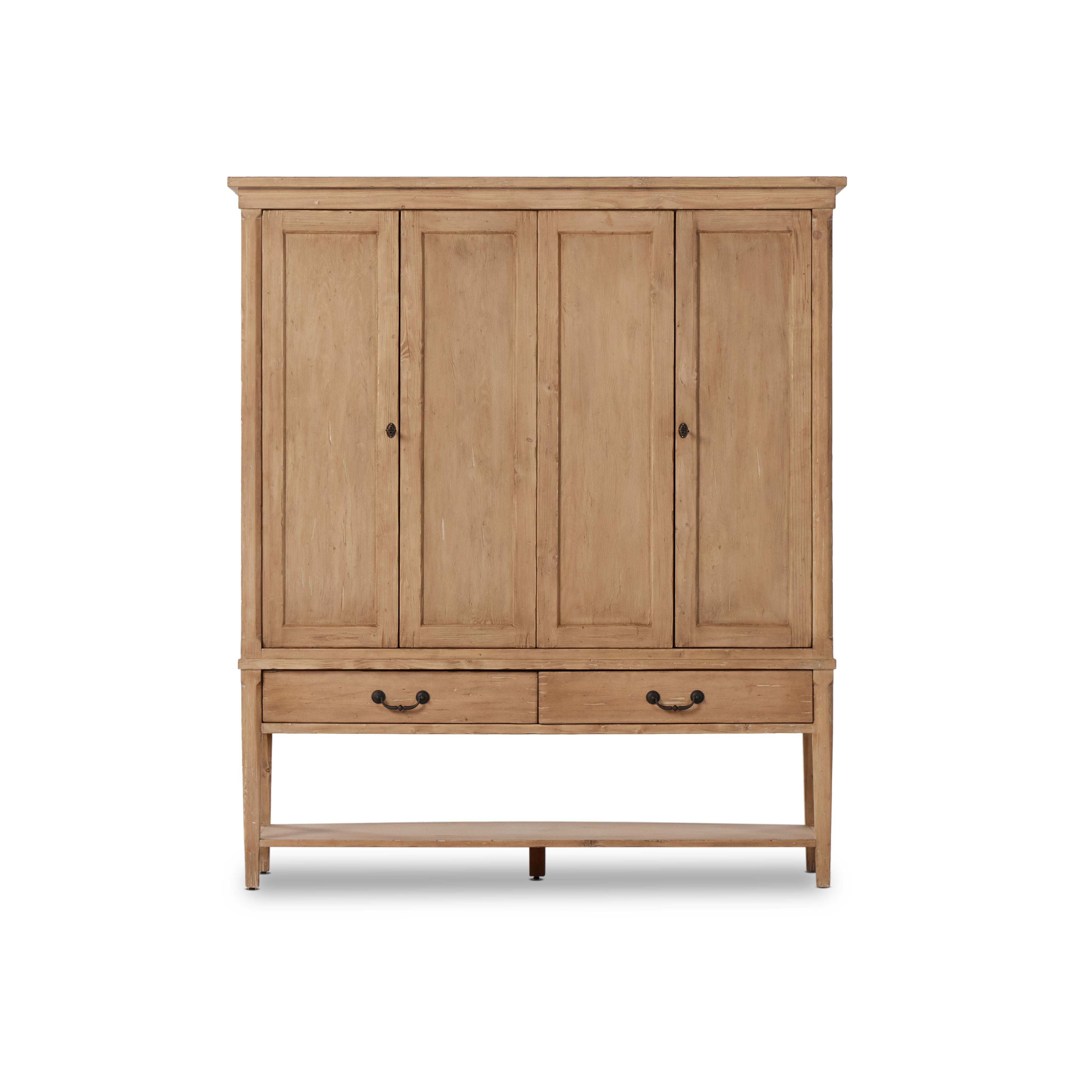 Hurston Wide Cabinet in aged light pine front view $4299.00