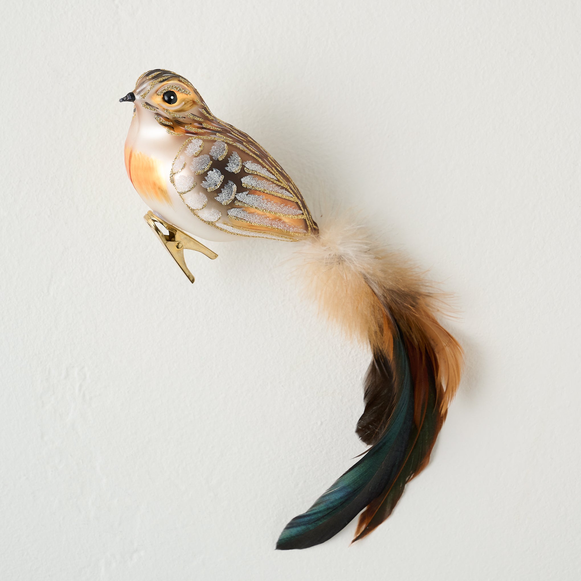 Feathered Glitter & Glass Bird Ornament Clip