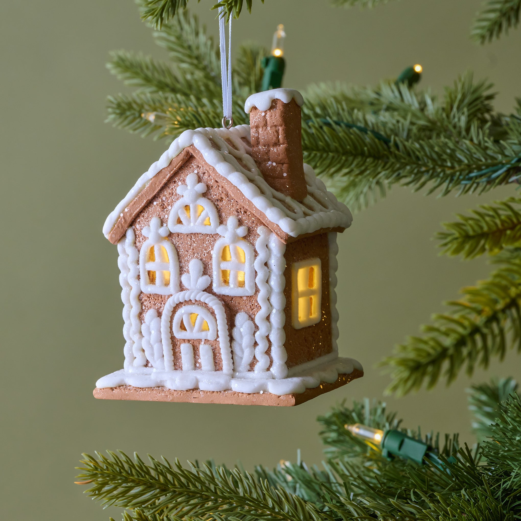 House Gingerbread House Ornament shown on tree