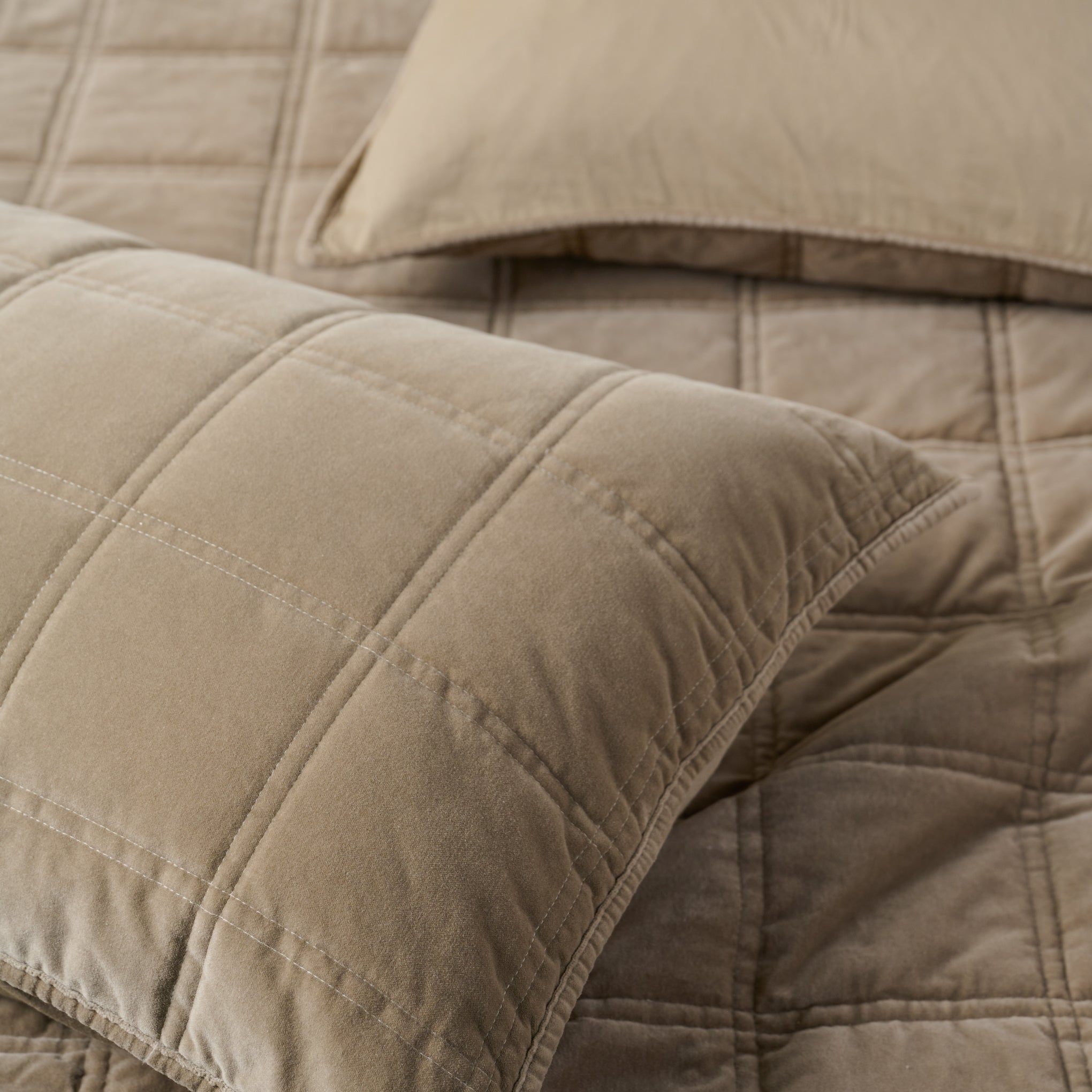 Weekend Velvet Sham - Driftwood on quilt on a bed Items range from $49.00 to $59.00