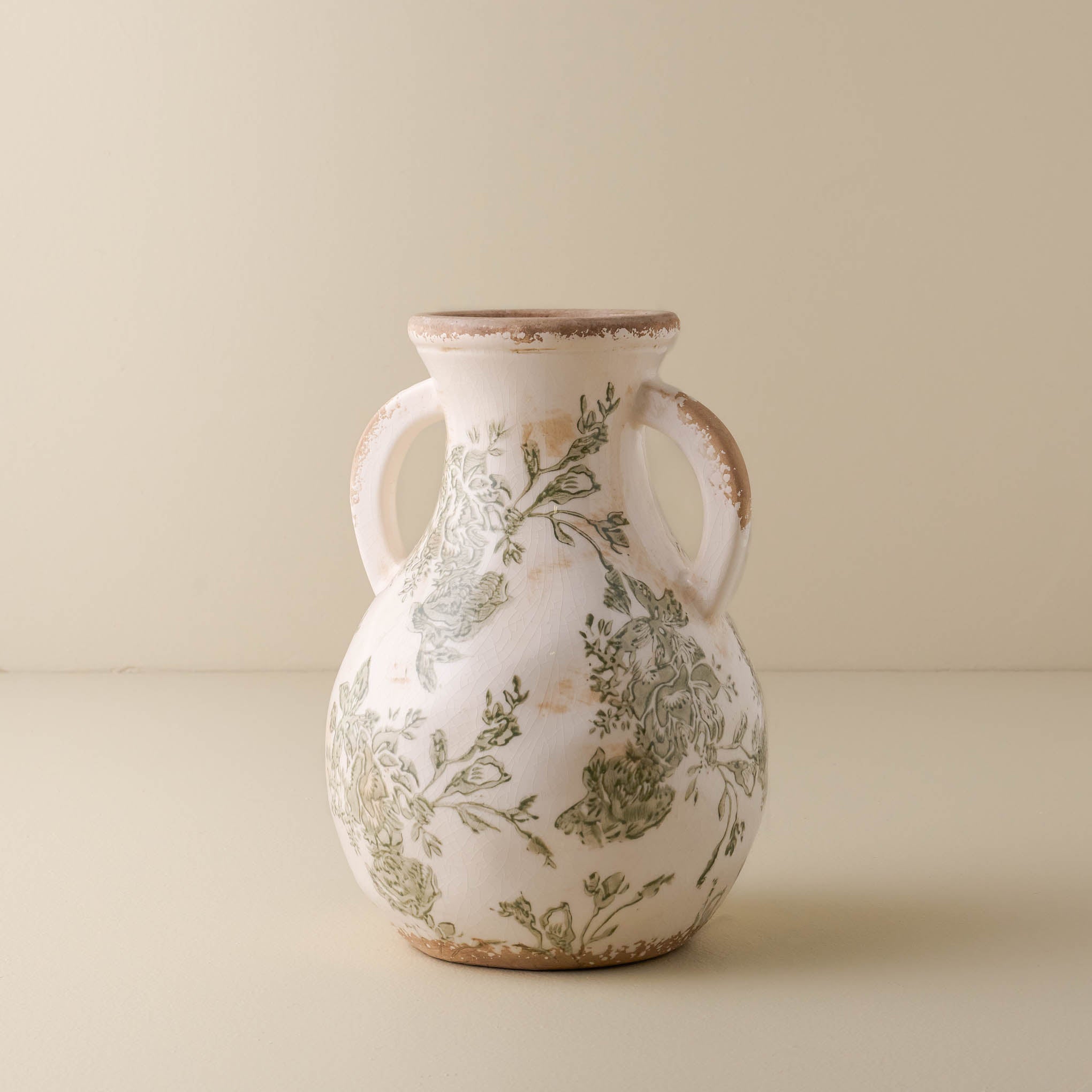 small sized Green and White floral Distressed Vase with two handles $48.00