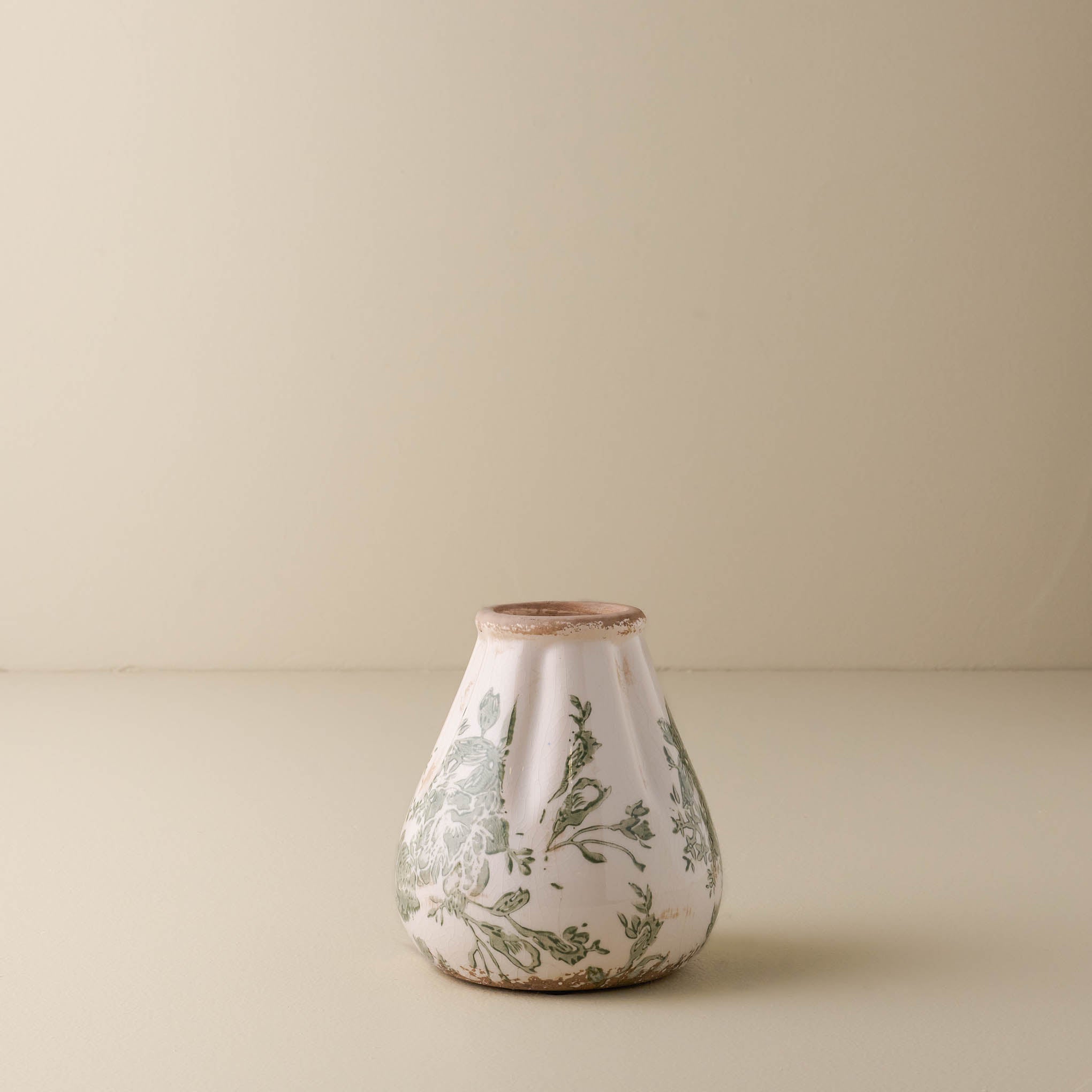  small sized Fluted Green and White floral Distressed bud Vase