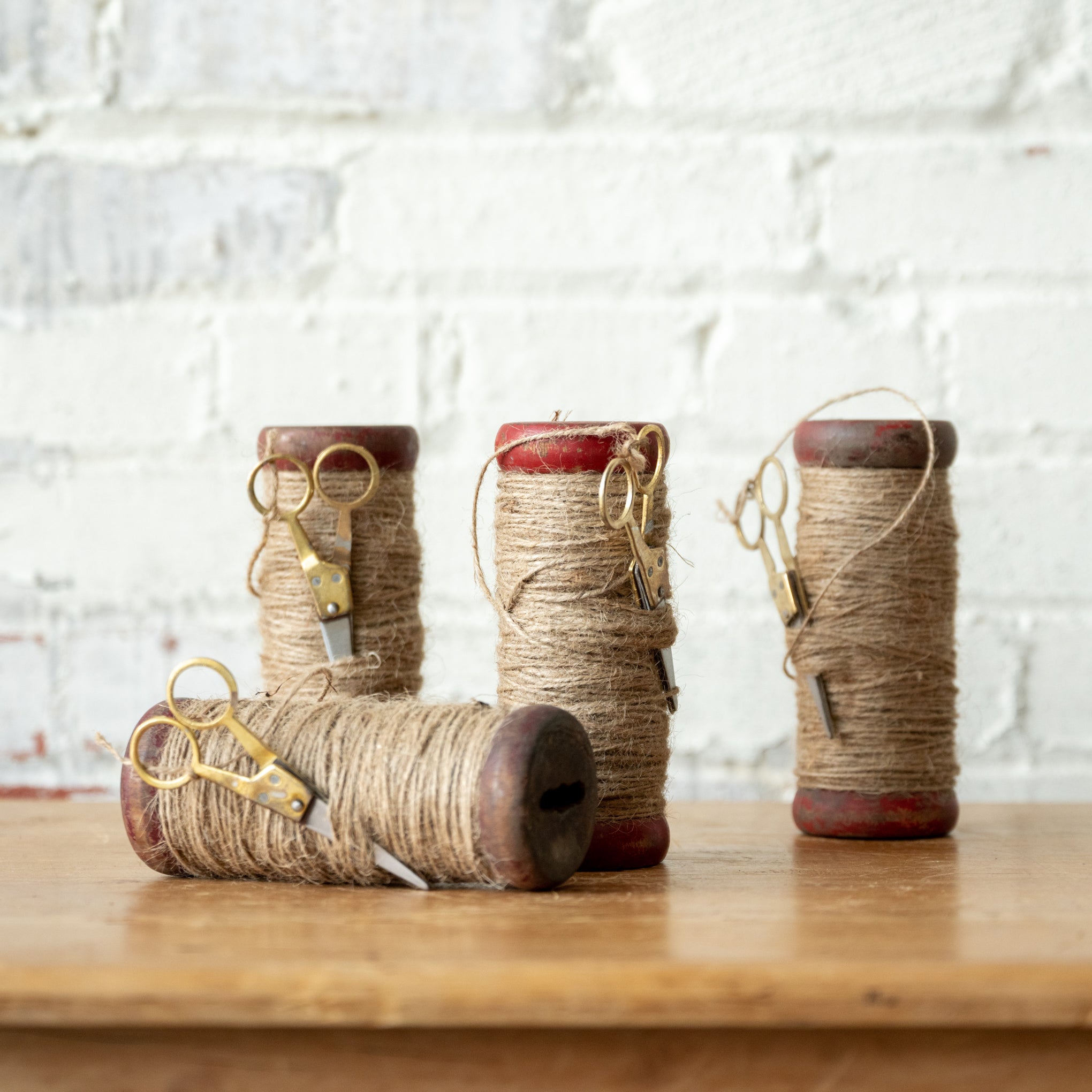 Wooden Spools of Jute Paired With Scissors Set of 3
