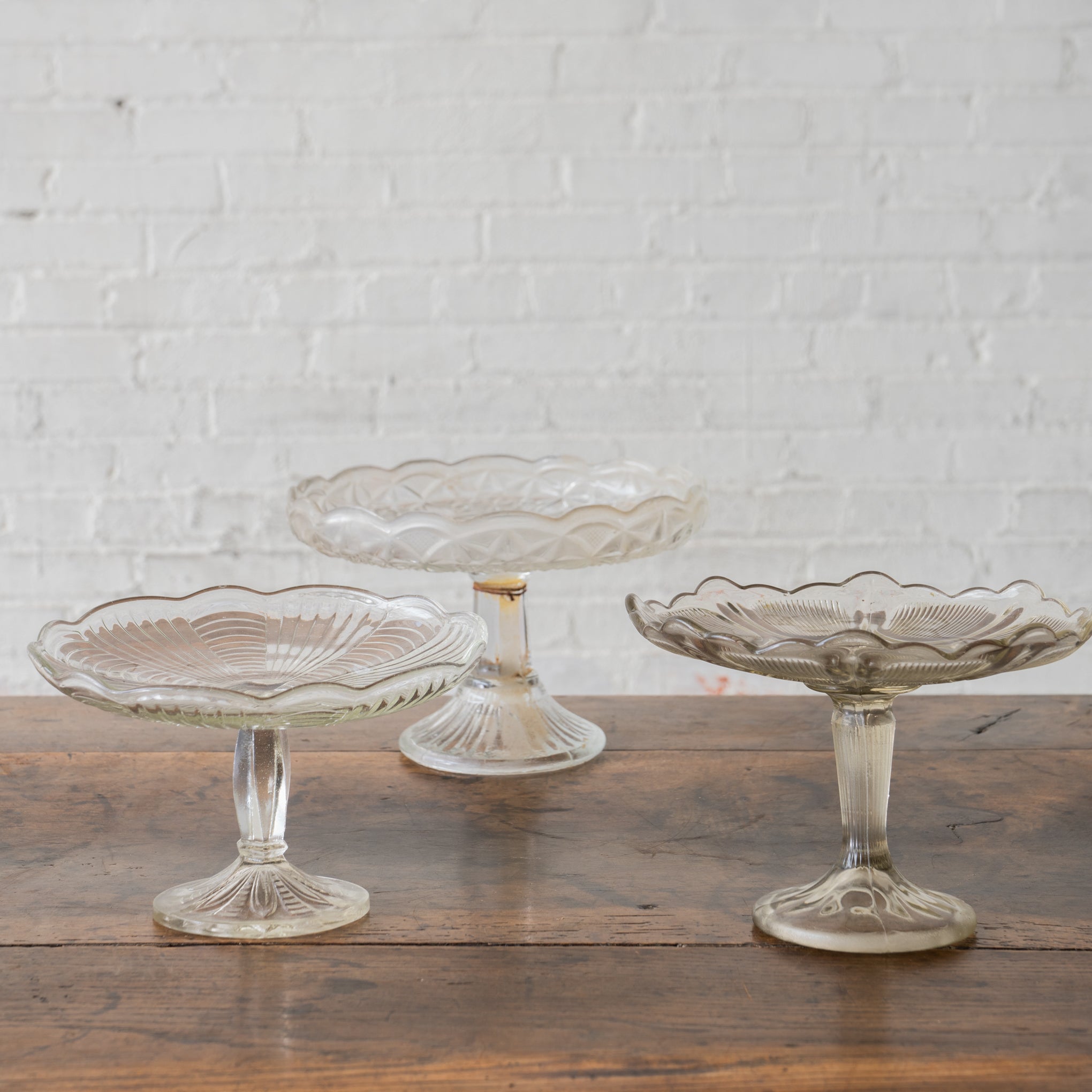 three Found Glass Cake Stands