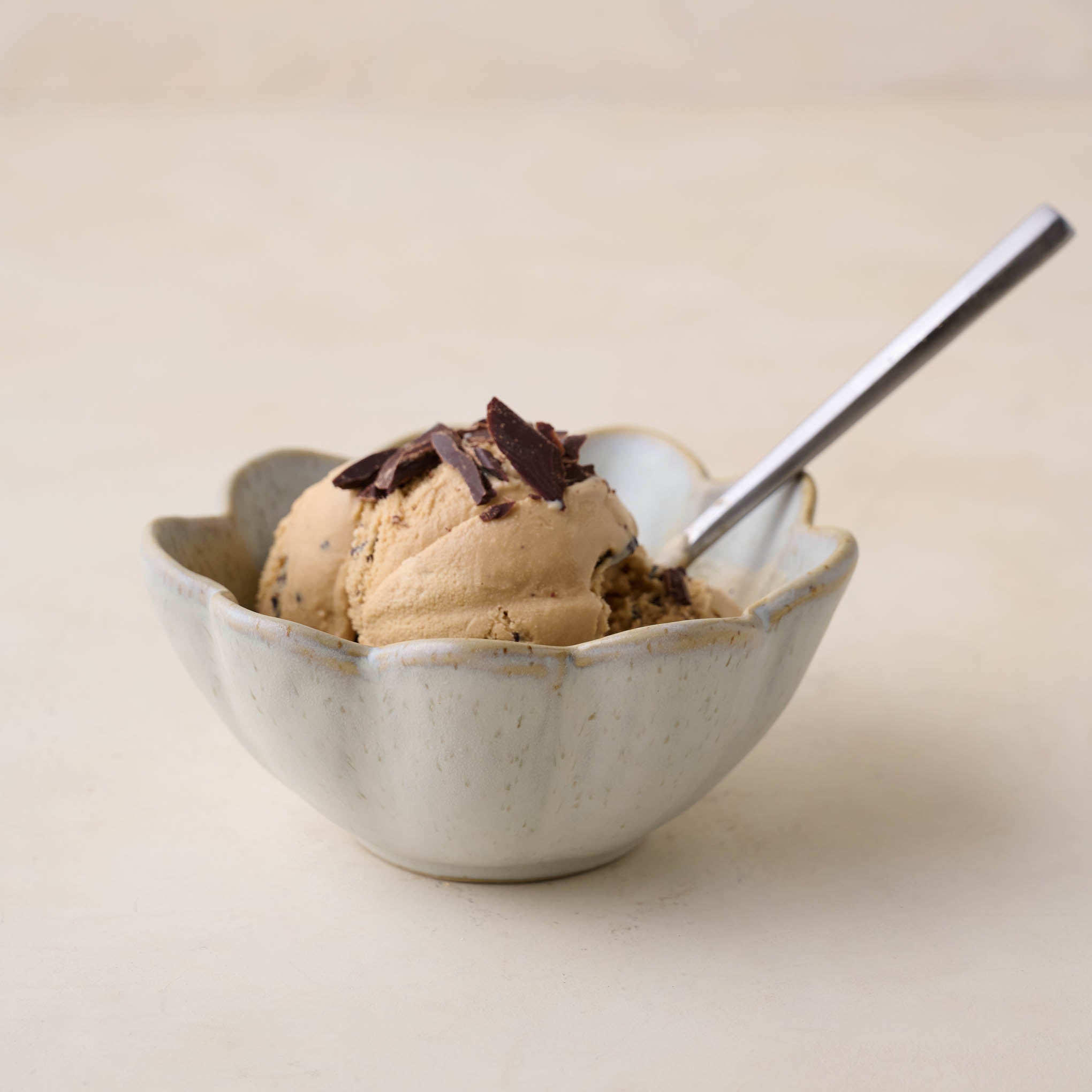 French Grey Scalloped Mini Bowl with ice cream and a spoon inside