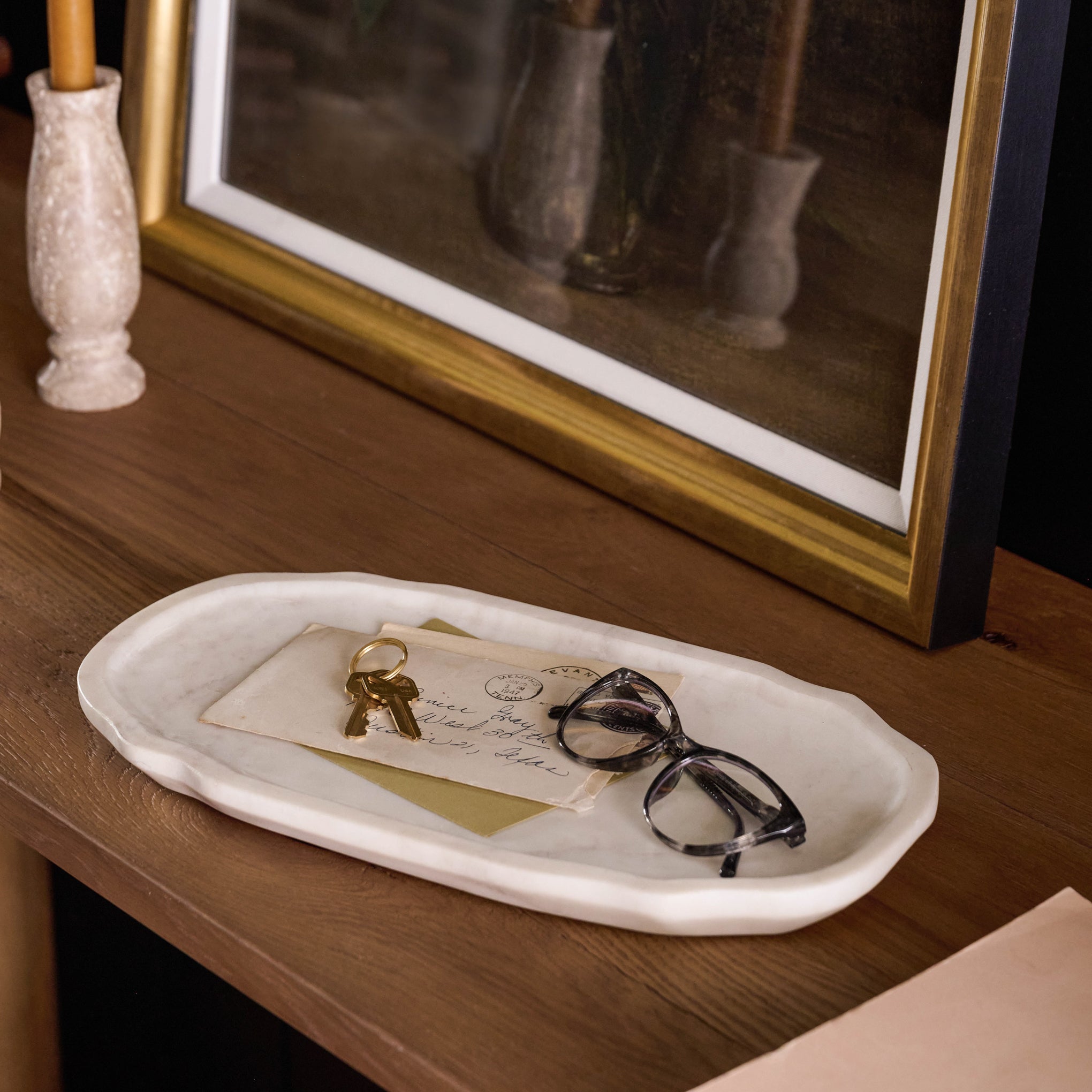 Brigitte Marble Tray with keys and eye glasses on top $40.00