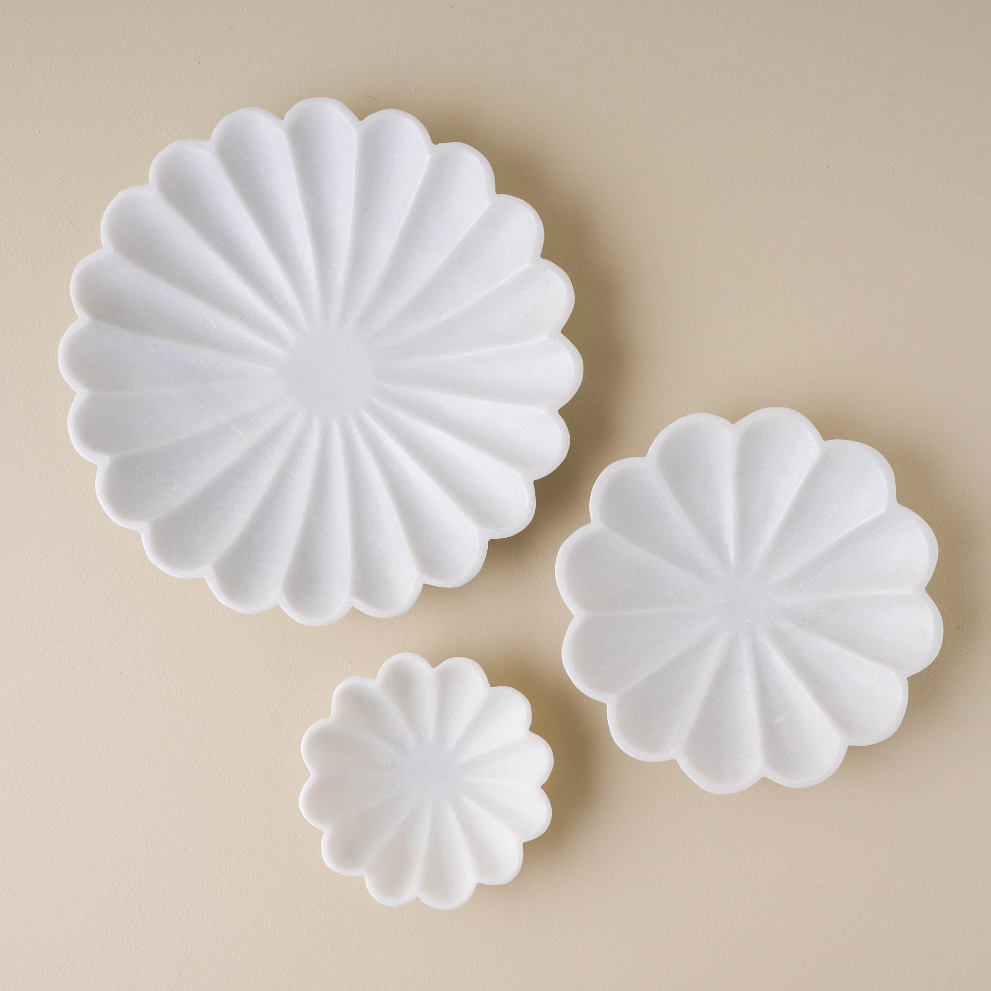 large medium and small sized white marble scalloped accent bowls On sale for $60.00, discounted from $80.00